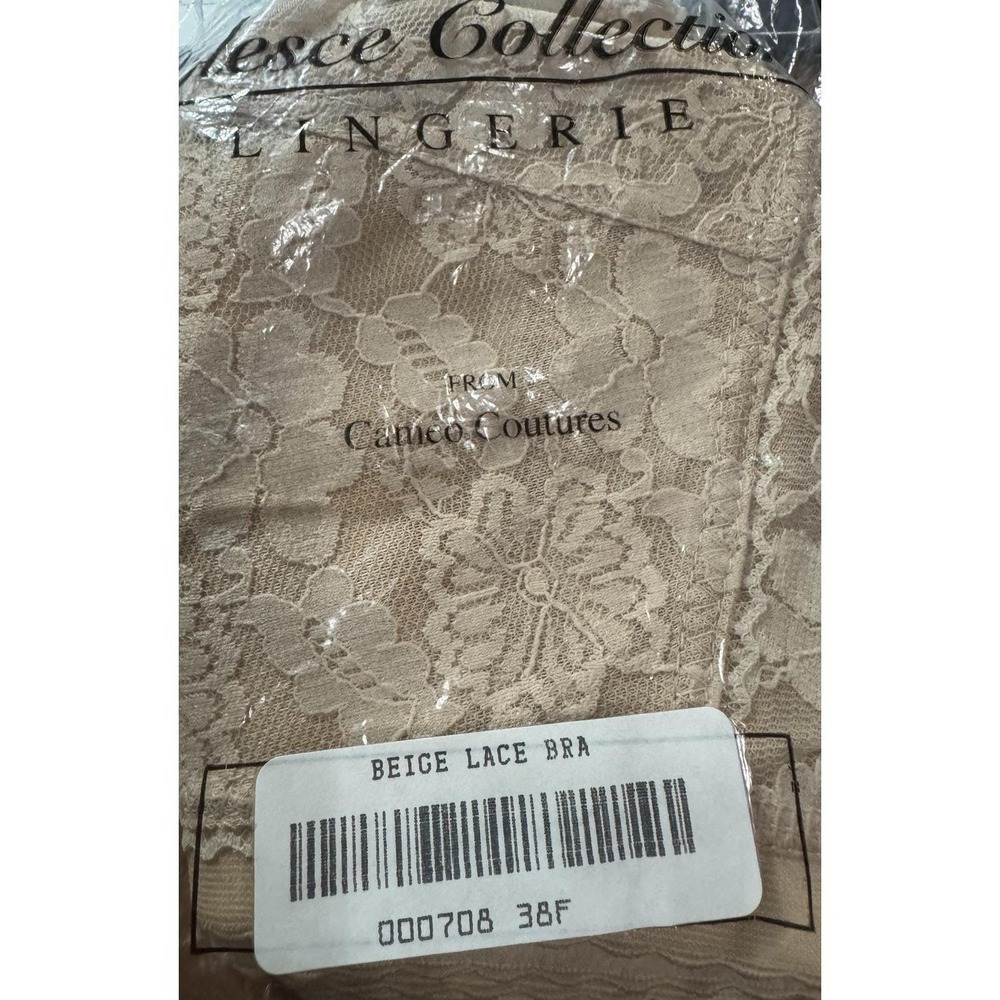 Vtg NOS 38F #708 Cameo Coutures Bullet BRA Beige Lace Torpedo Cone Wireless GH1